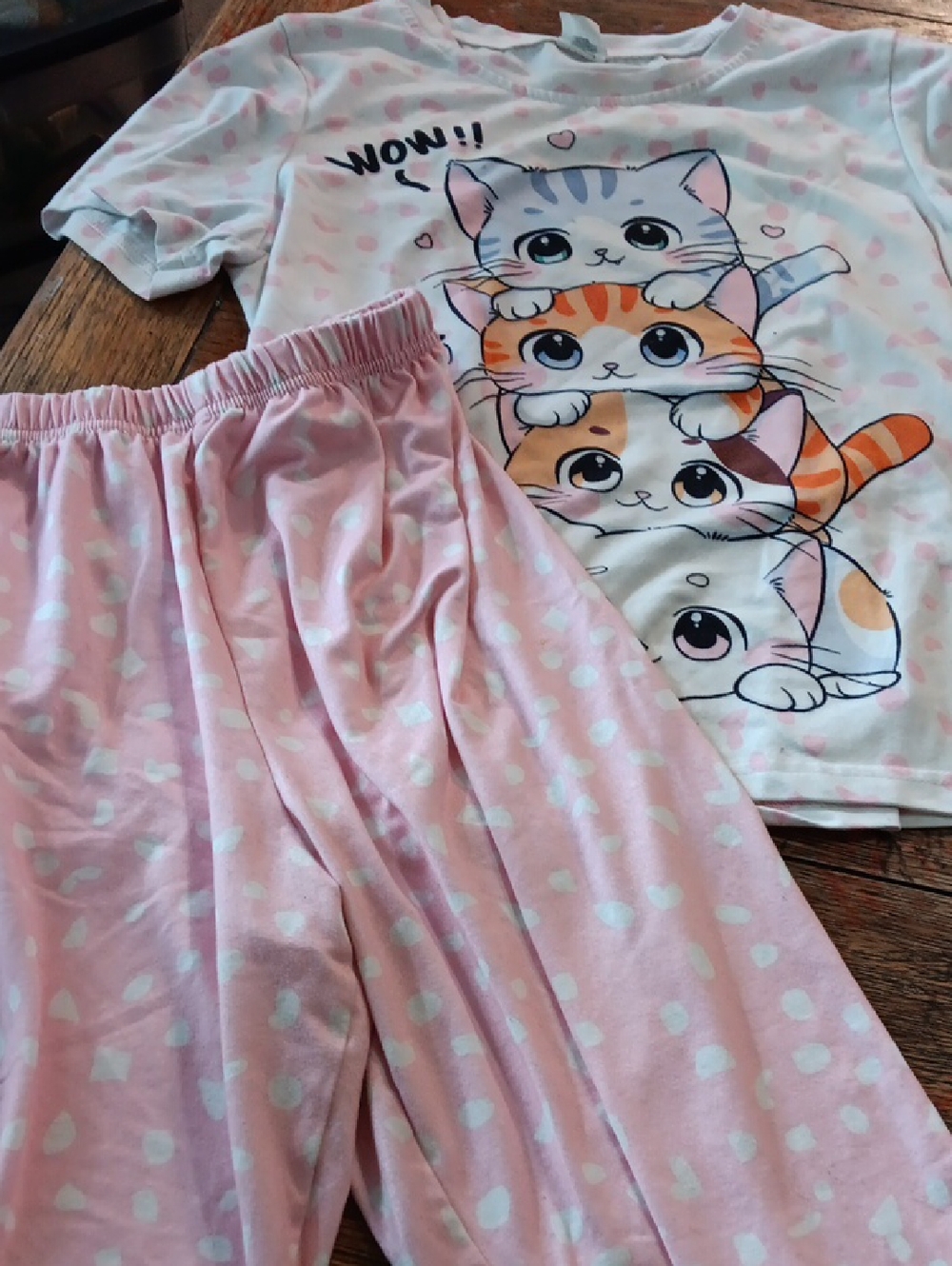Kids Pink Cat Stack Pajama Set - Cute Short Sleeve Top & Pants